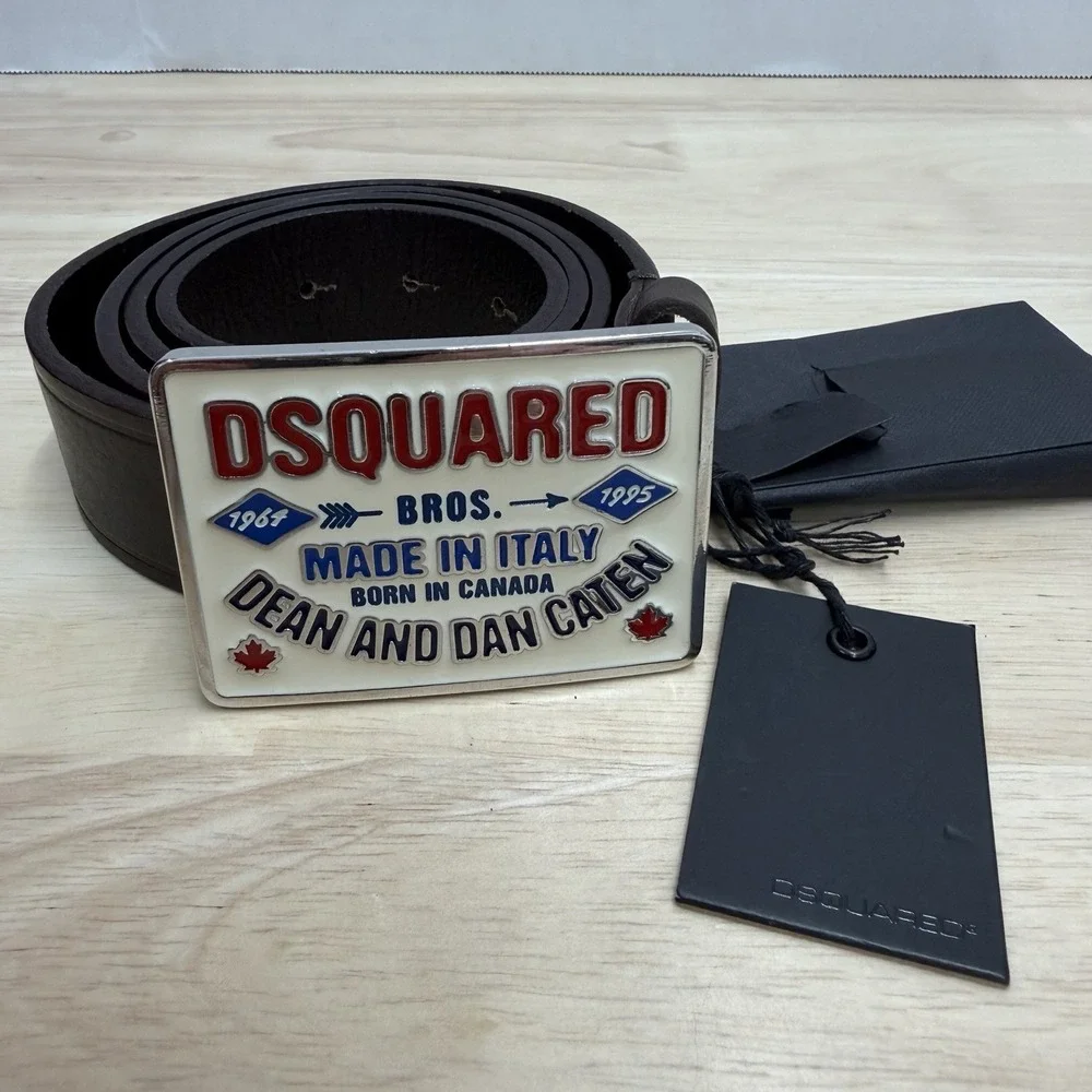DSQUARED2 Men's Large Caten Brothers Brown Leather Belt with Logo Buckle - New